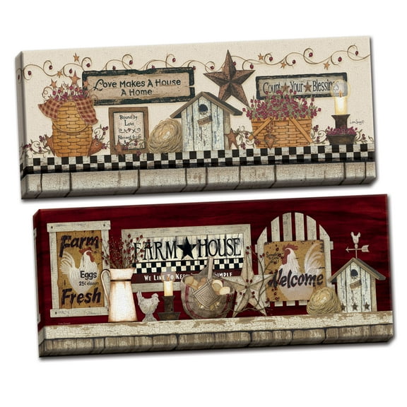 Gango Home Decor Country-Rustic Love Makes a House a Home & Farm Rooster Shelf by Linda Spivey (Ready to Hang); Two 20x8in Hand-Stretched Canvases