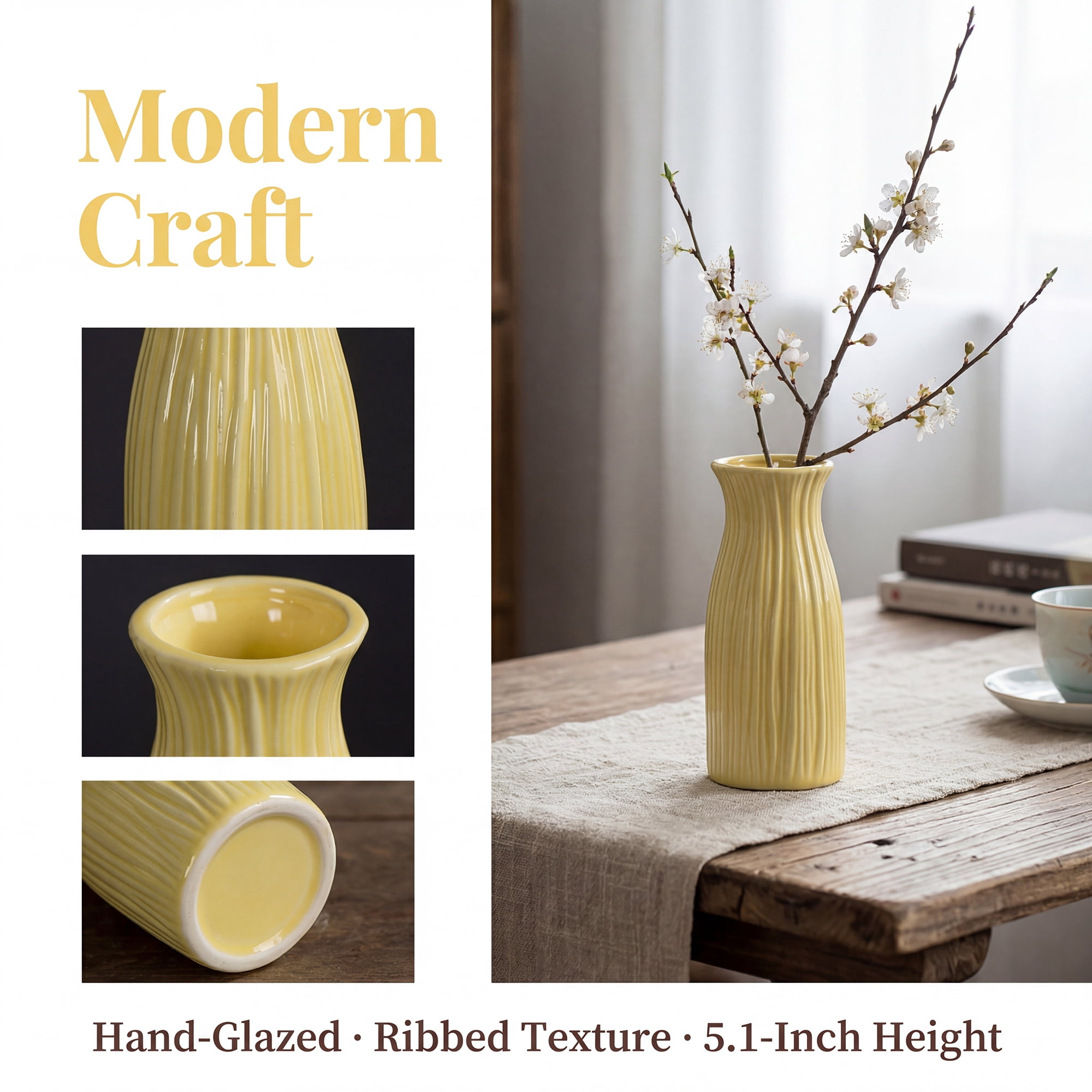 Unique Bargains Modern Cylinder Matte Ribbed Flower Vase Yellow 2.4"L x 2.4"W x 5.1"H
