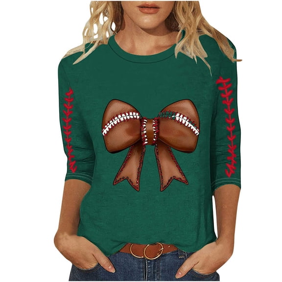 DeHolifer Football Shirts for Women Plus Size Graphic Print Pullover Shirts Casual 3/4 Sleeve Crewneck Tee Tops Army Green 2XL