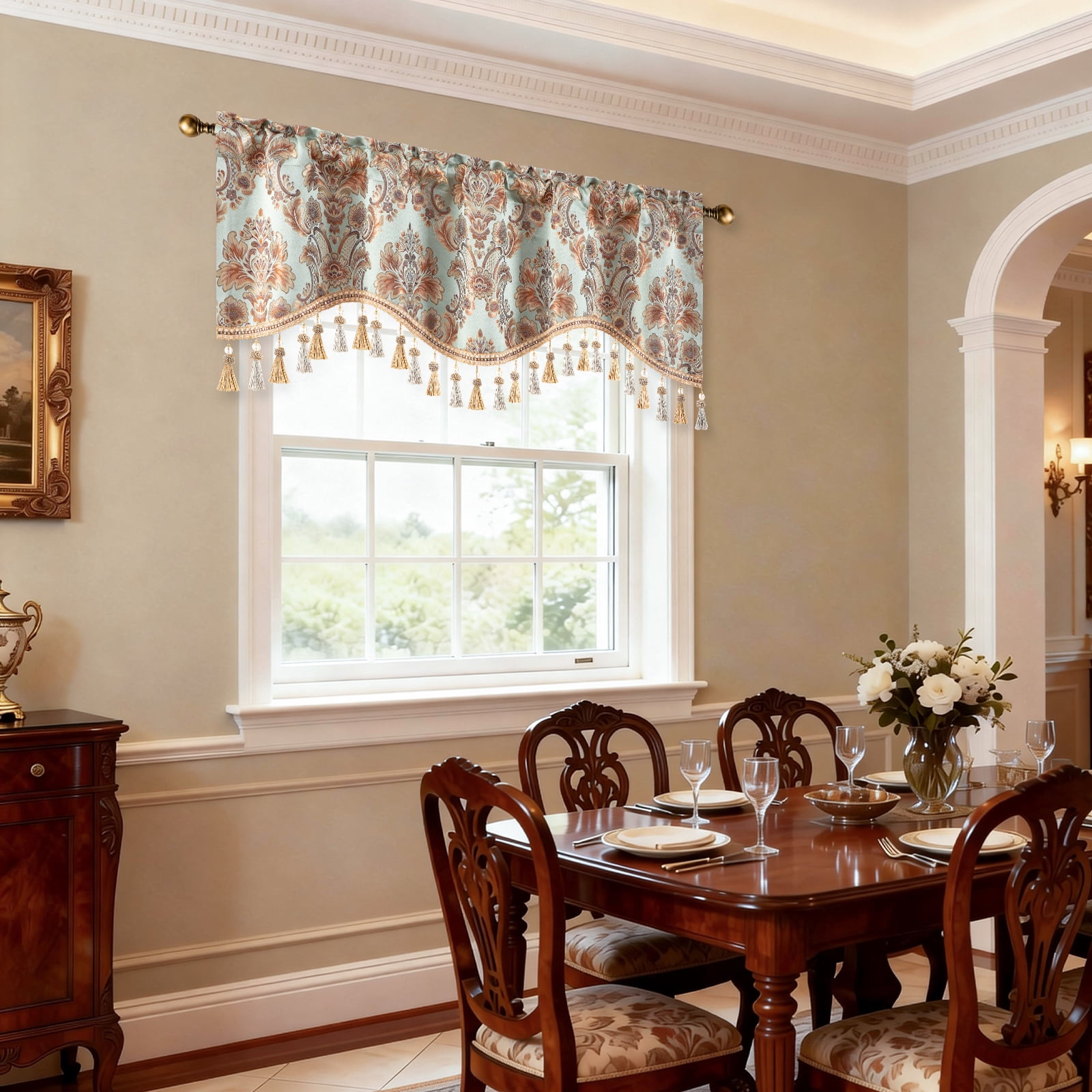 VOGOL Sky Blue Luxury Damask Valance with Beaded Tassels, 52x18 inch Rod Pocket Curtain for Living Room, Elegant Decorative Window Treatment