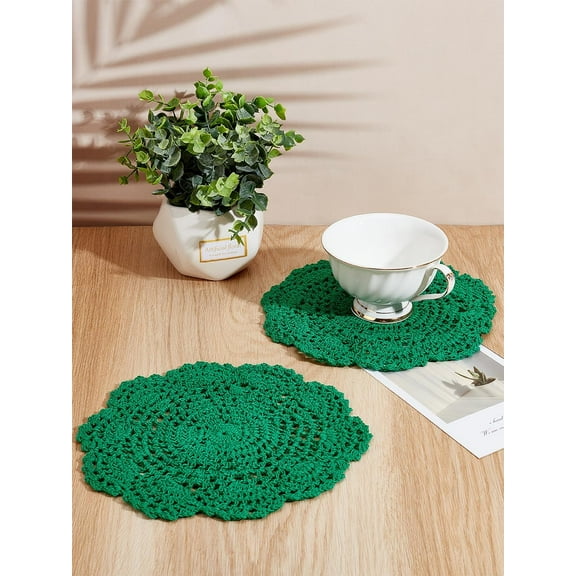 2Pcs Sea Green Flower Cup Mats Handmade Knitting Polyester Fabric Coaster Reusable Round Kitchen Accessory for Home Decor Tabletop Protection House Warming Gifts 210x3mm