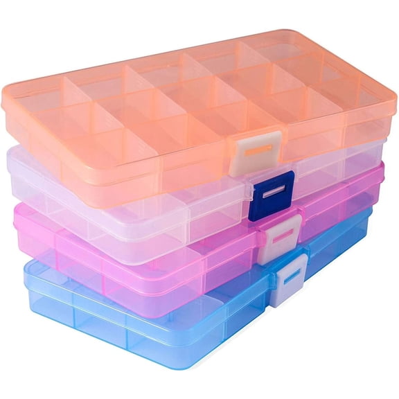 15 Grids Bead Organizer(4 Pack), Earring Organizer Box, SMALL Plastic Containers with Adjustable Dividers for Crafts  Screws Fishing Tackles Small Items, Size 6.9x3.9x0.9in