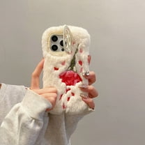 for iPhone 16 Pro Max Rose Flower Pattern Fluffy Case with Camera Cover Kickstand, Cute Plush Furry Fuzzy Soft Warm Protective Case Cover for Girls Women Kids for iPhone 16 Pro Max, White