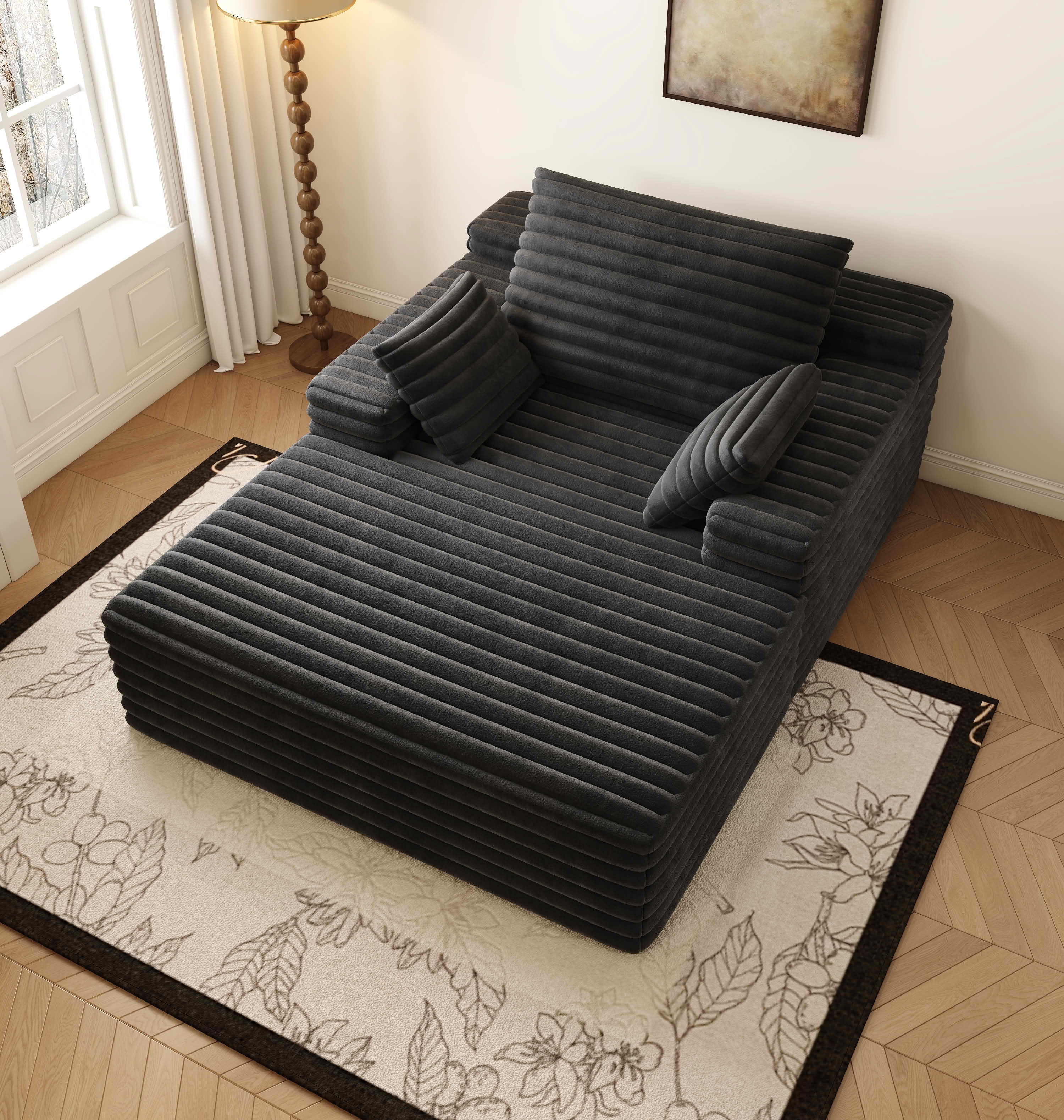 MAYEERTY 63" Black Oversized Indoor Chaise Lounge, Plush Sleeper Couch with Velvety Corduroy, No Assembly – Ideal for Napping & Movie Nights