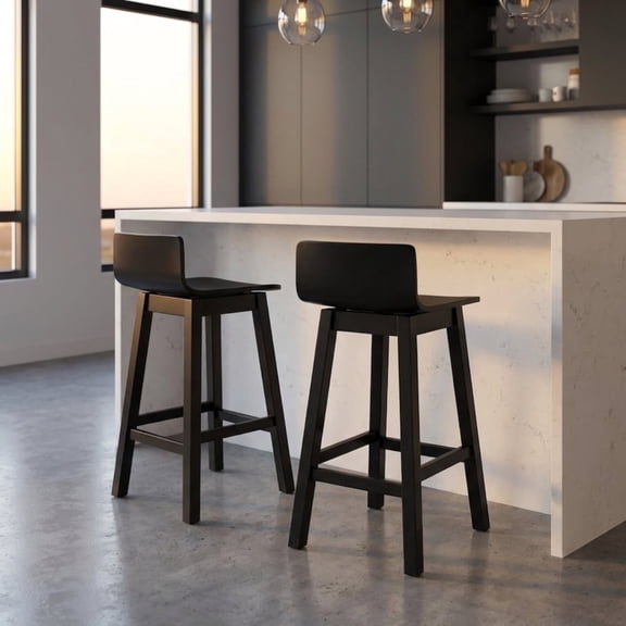 Furnibear Swivel Wooden Bar Stools Set of 2 with Rubber Wood Legs and Low Back for Kitchen Island Counter 24.5 Inch Counter Height Seating, Black