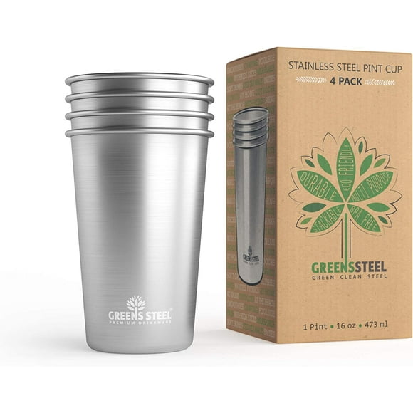 Taza de acero inoxidable premium Greens Steel #1, vasos de pinta de 475 ml (paquete de 4) Vasos de metal premium - Taza duradera apilable