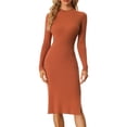 thumbnail image 1 of Vestido de Suéter con Cuello Alto para Mujer Vestido de Punto Acanalado Midi Vestido Ajustado con Abertura de Manga Larga naranja XL, 1 of 6