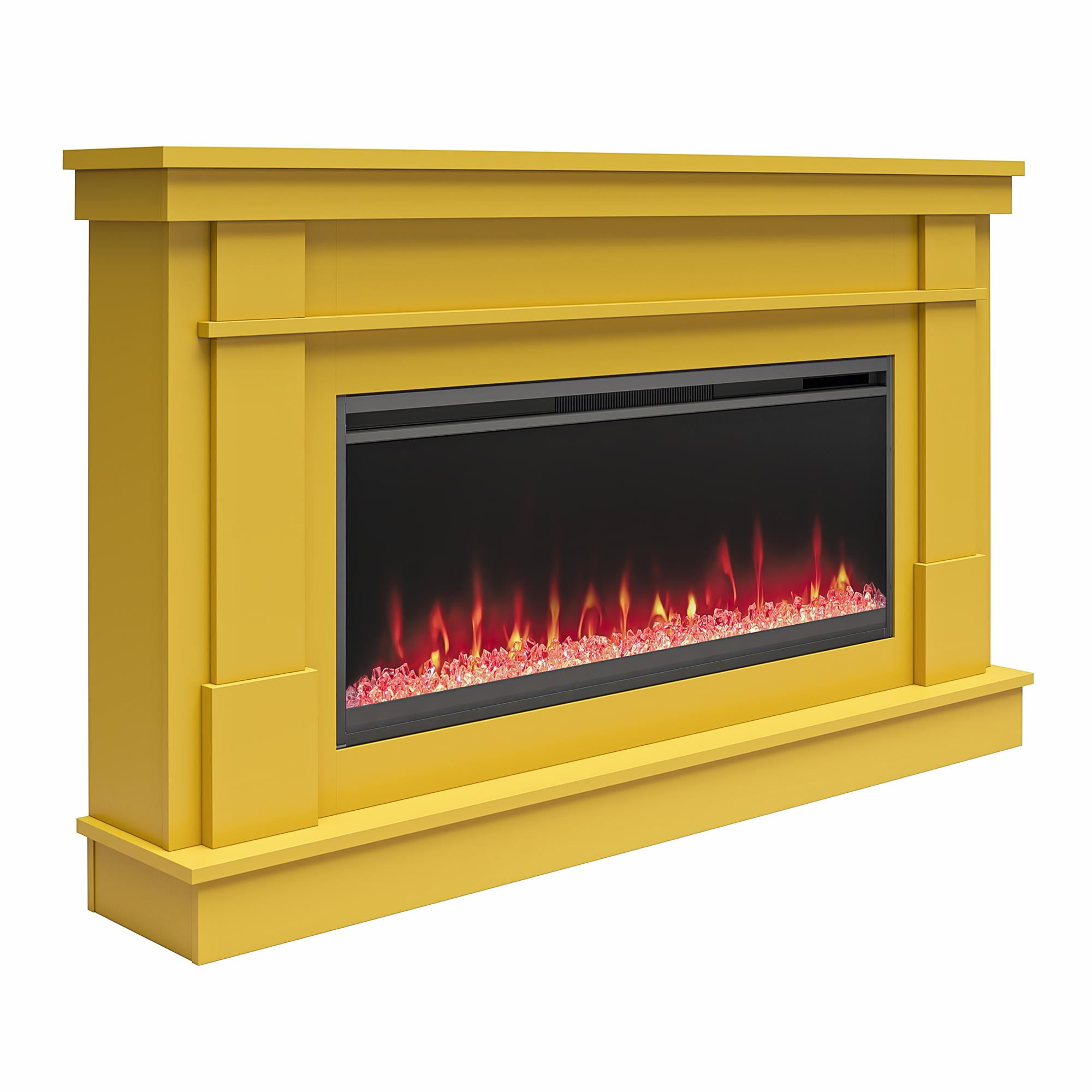 Waverly Wide Mantel with Linear Electric Fireplace & Crystal Ember Bed, Mustard Yellow