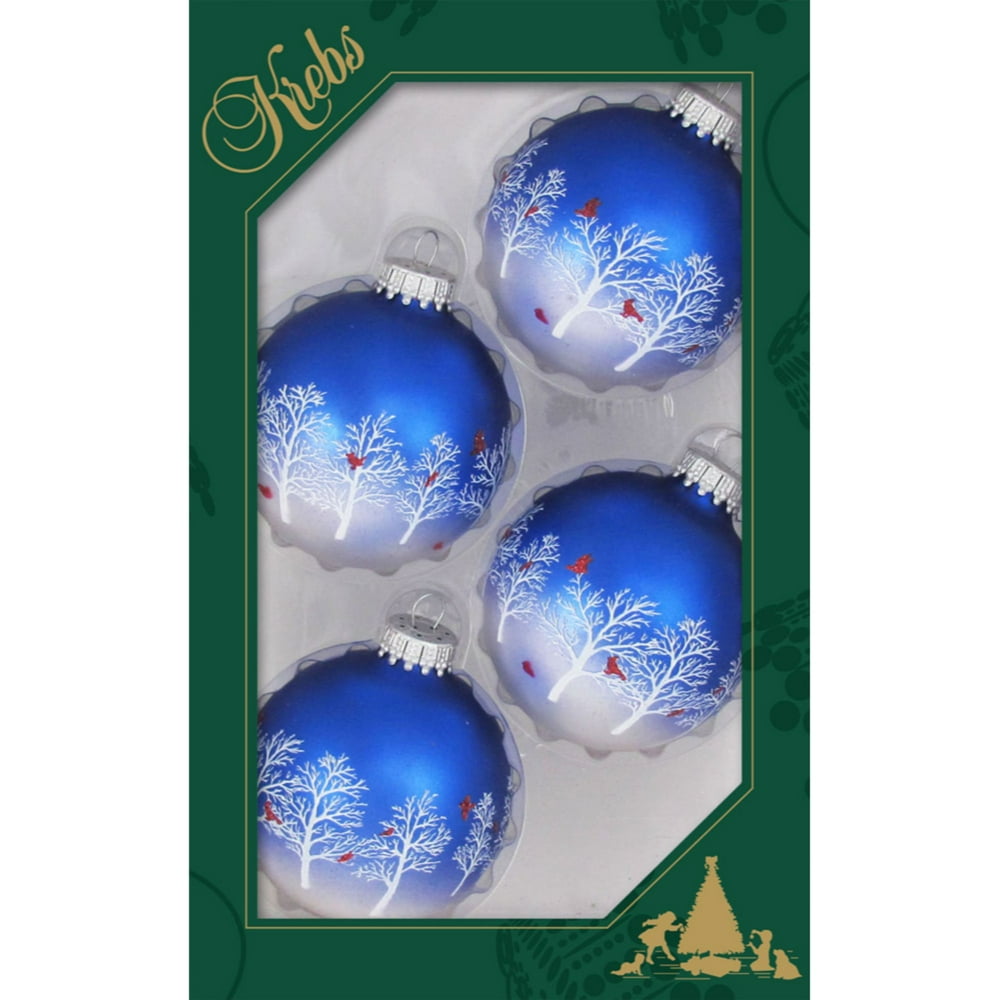 4ct Royal Blue and White Trees and Cardinals Matte Christmas Ball