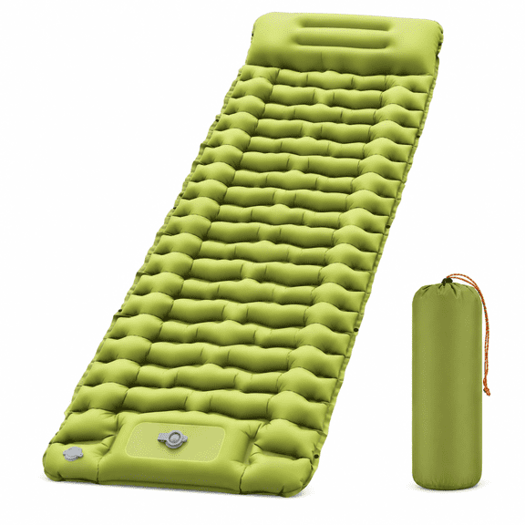 Inflatable Camping Sleeping Pad with Built-in Pillow and Foot Pump, Compact Waterproof Camping Mat for Hiking, Backpacking, Tent and Travel, Green