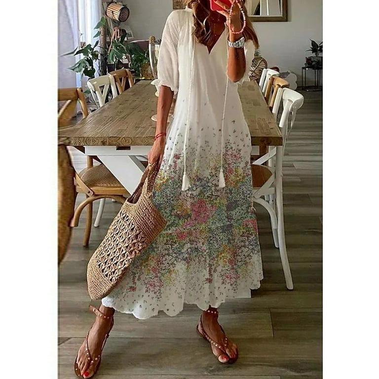 Gealkoca Fashion Women's Casual Summer V-neck Printed Maxi Dress Short Sleeve Floral Dresses Semi Formal Flowy Wedding Guest Dress, Size: 3XL, Red
