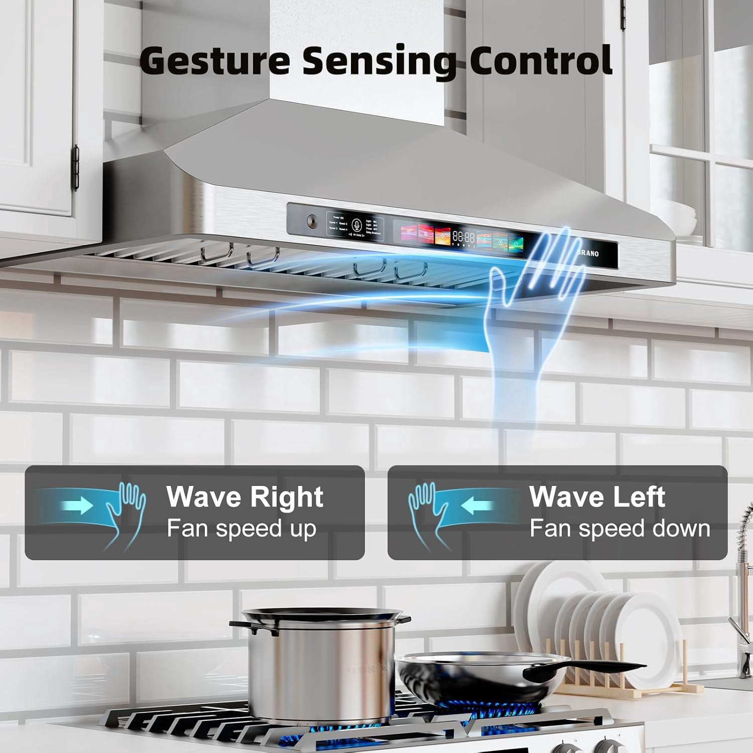 30 Inch Wall Mount Range Hood,900 CFM Kitchen Vent Hood,Kitchen Chimney Vent Stainless Steel with Voice Control/Gesture Sensing/Touch Control Switch Panel, 2 Pcs Adjustable Lights