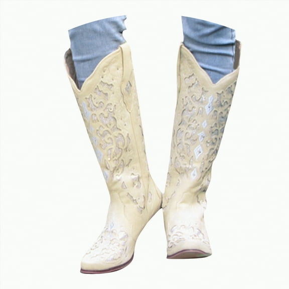 UngA Wide Calf Cowboy Boots Women Mid Calf Cowgirl Boots Square Toe Chunky Heel Embroidery Stitched Western Boots Beige,Size 6