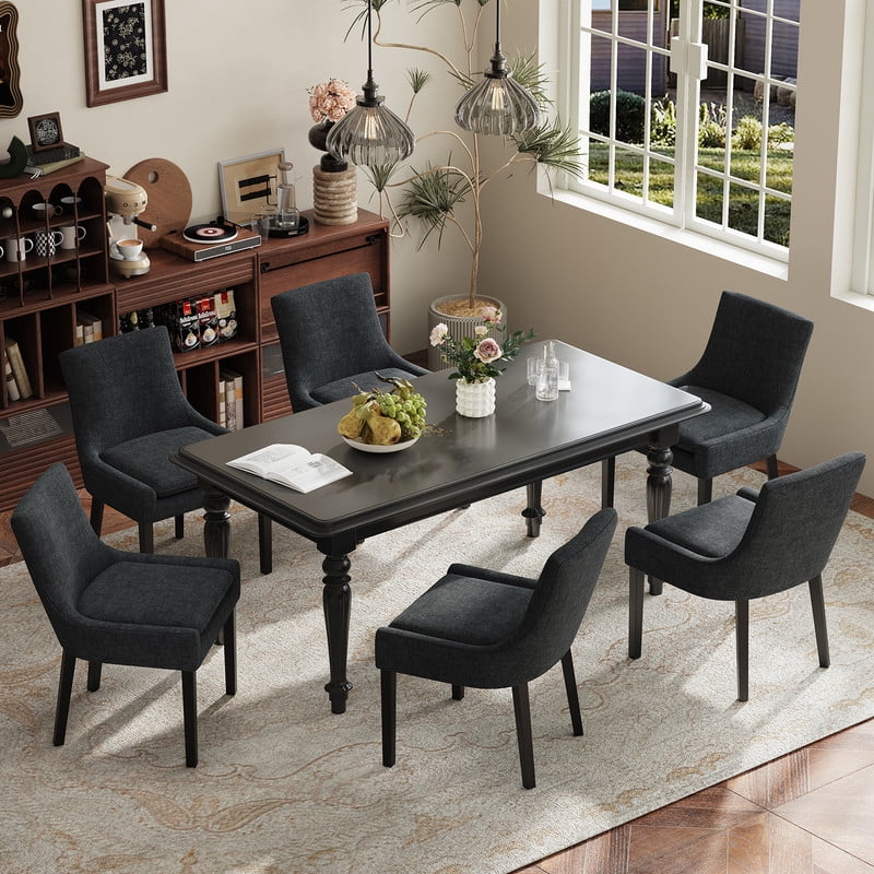 COLAMY Modern Dining Chairs Set of 6, Upholstered Corduroy Accent Side Leisure Chairs with Mid Back and Wood Legs for Living Room/Dining Room-Black