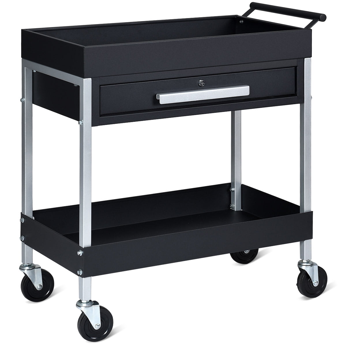 2 Shelf Tool Cart Utility Cart Service Cart Heavy Duty with Lock Drawer & Wheels