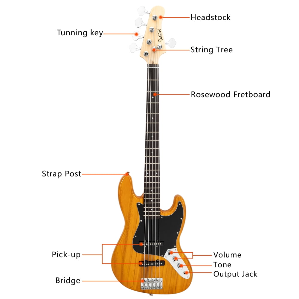 Electric 5 String Bass Guitar Full Size Bag Strap Pick Connector Wrench Tool Transparent Yellow