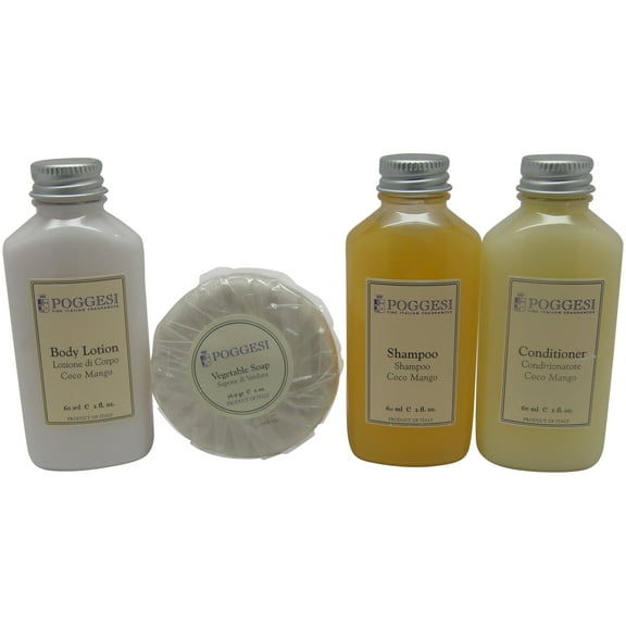 Poggesi Coco Mango Travel Set includes one of each Shampoo, Conditioner, Lotion, and soap