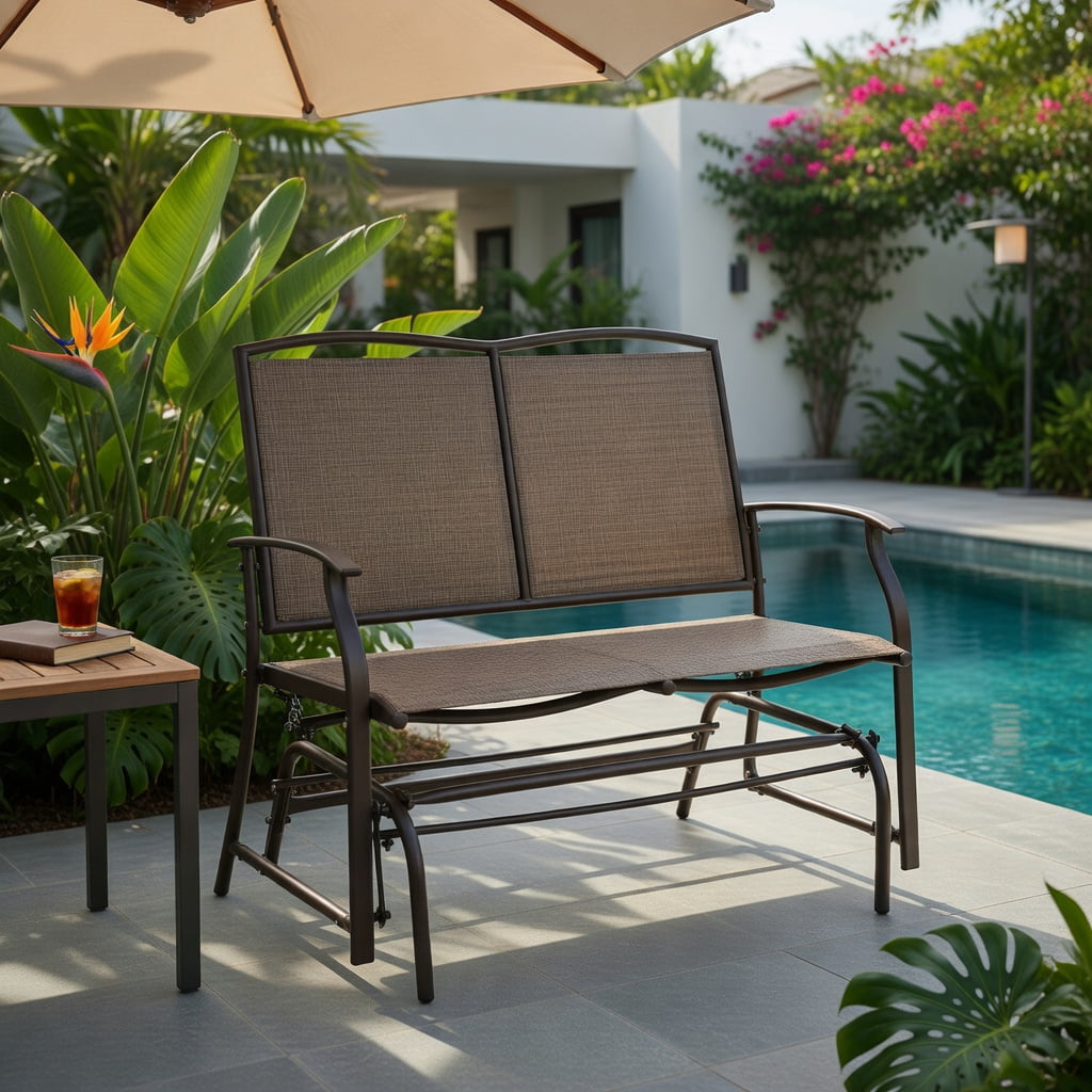 Hommoo Outdoor Steel Rocking Loveseat Chair, Textilene Seat, Backyard & Patio Relaxation Furniture, Brown