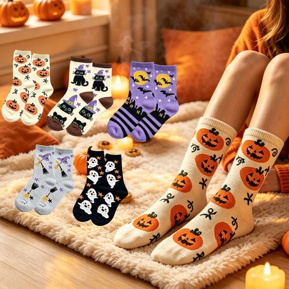 Halloween Cartoon Crew Socks, Festive Pumpkin Ghost Black Cat Pattern Long Socks, Soft Cozy Casual Hosiery for Women Halloween Party Home Daily Wear Holiday Gift