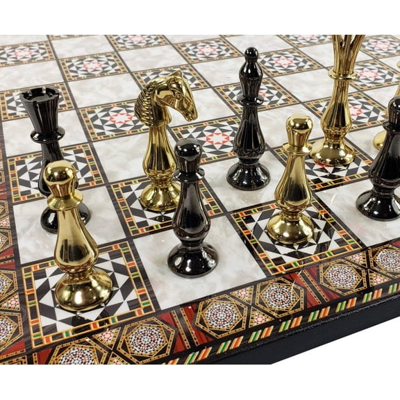 Brass Metal Spiked Qn Staunton Chess Set Gold  Black W/ 17" Mosaic Color Board