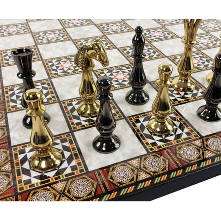 Brass Metal Spiked Qn Staunton Chess Set Gold Black W/ 17 Mosaic Color Board