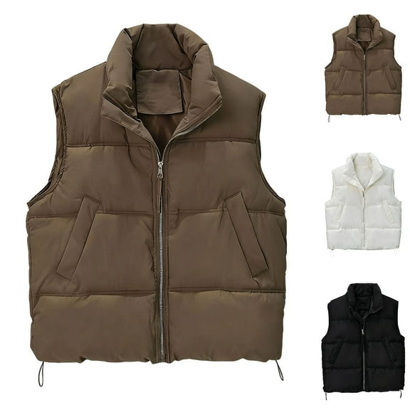 jtjvou 2025 Fall Winter Women Zip Up Puffer Vest Stand Collar Quilted Gilet Lightweight Sleeveless Jackets with Pockets Black L