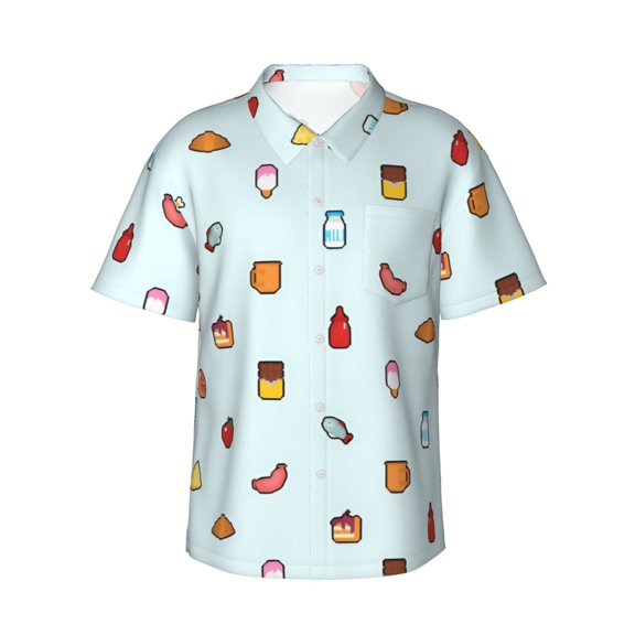 Mens Casual Button Down Short Sleeve Hawaiian Shirts,8 Byte Pixel Food Shirts Classic Fit Beach Bowling Shirts with Front Pocket,S