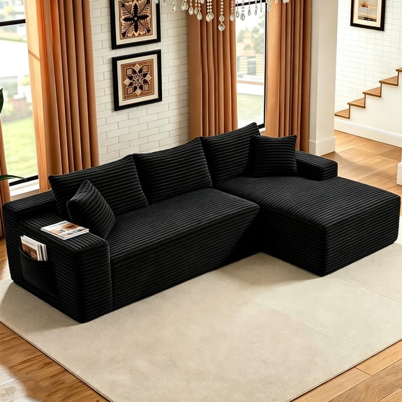 Aukfa 95" Cloud Sectional Sofa Modular Boneless Couch for Living Room, 2 Storage Pockets&Pillows, Right Chaise, Corduroy, Black