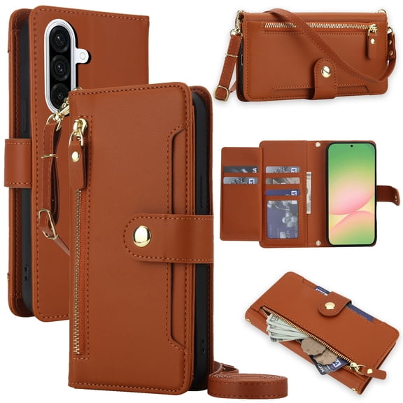 Dteck Crossbody Wallet Case for Samsung Galaxy A37 5G RFID Blocking 7-Card Holder Soft PU Leather Magnetic Snap Zipper Pocket Phone Case,Brown