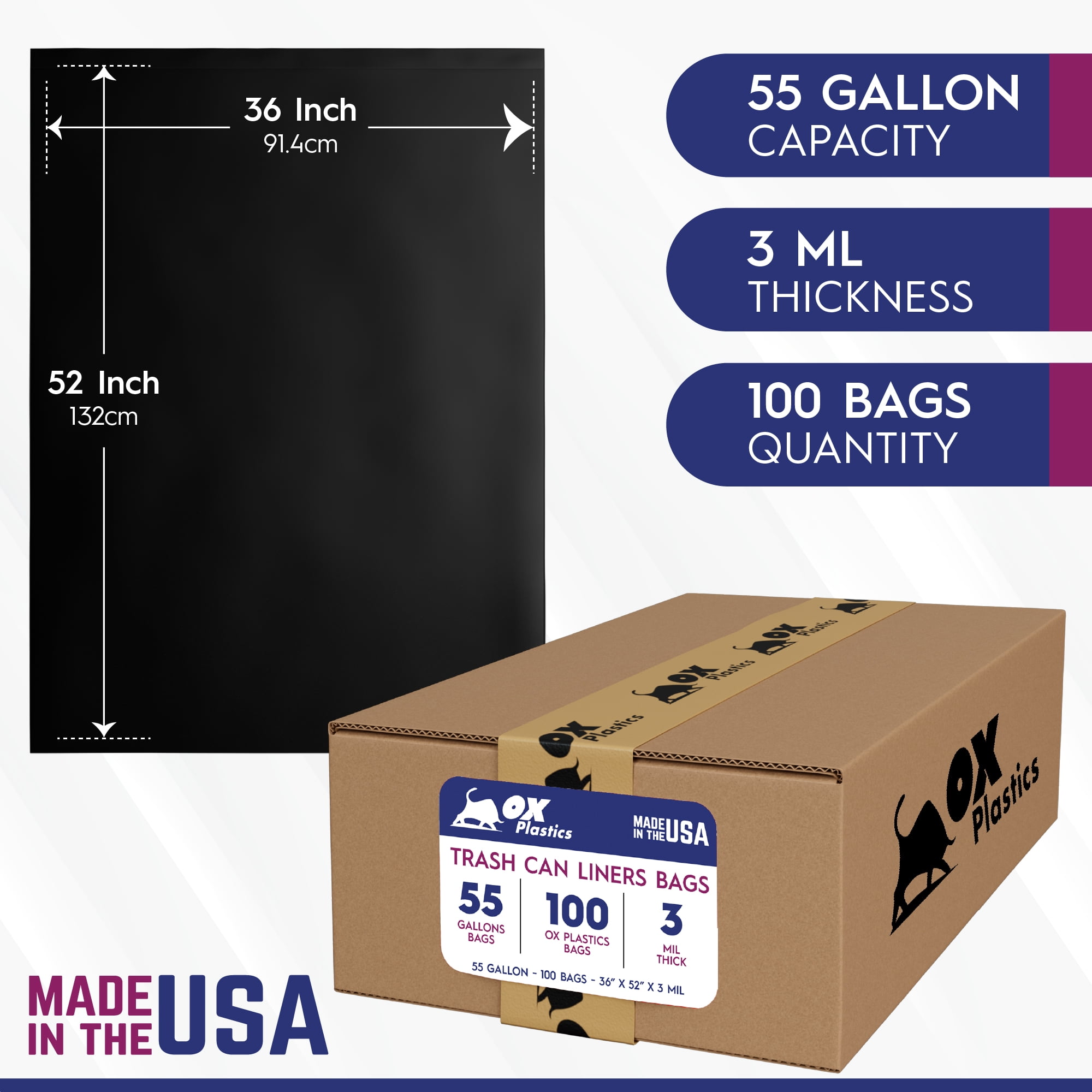 55 Gallon 3mil Extra Heavy Duty Strength| Trash Can Liners, Large Contractor Garbage Bags - 38X52 (100 Bags)