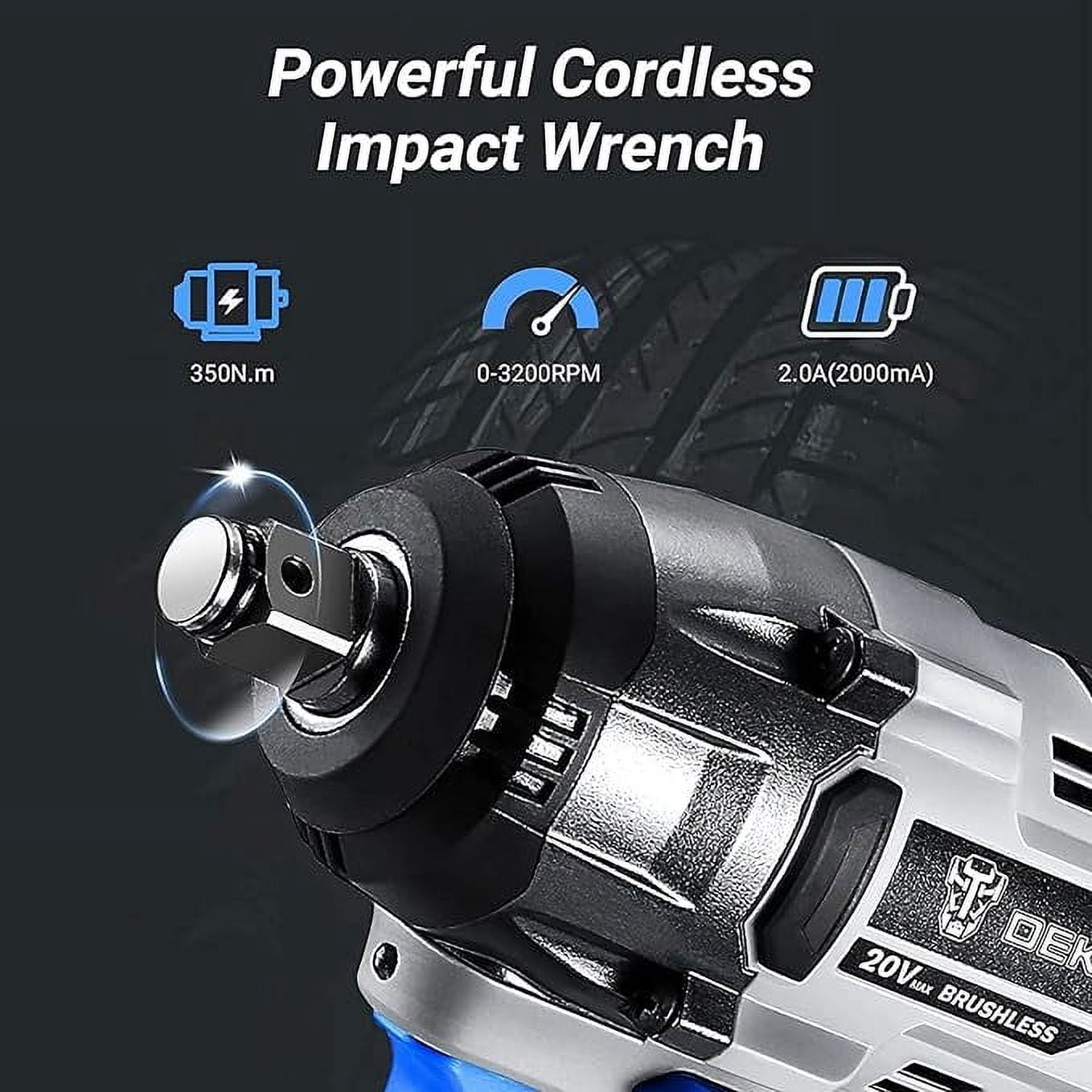 DEKOPRO 20V Cordless Impact Wrench, 1/2 Inch Chuck, 3200 RPM, 258 ft-lbs Max Torque, Li-ion Battery, Fast Charger, Tool Bag