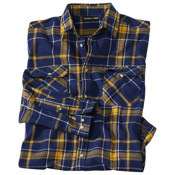 Atlas For Men - Camisa Cuadro de Franela para Hombre (Marino, Ocre)