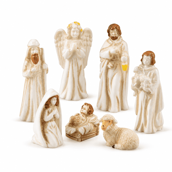 Christmas Nativity Scene Figurines, 7 Pcs Resin Manger Set for Tabletop, Shelf and Church Decor