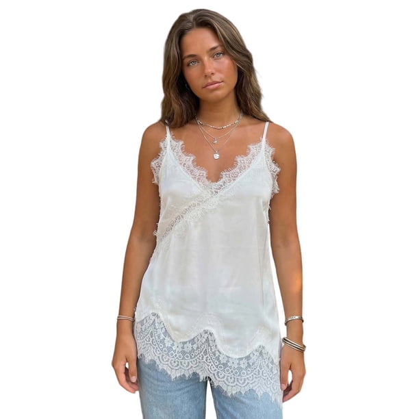 Camiseta de tirantes larga de satén para mujer, ideal para el verano, con tirantes finos, bajo festoneado y ribete de encaje.