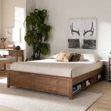 Baxton Studio Anders Traditional and Rustic Ash Walnut Brown Finished Wood Full Size Platform Storage Bed Frame with Built-In Shelves