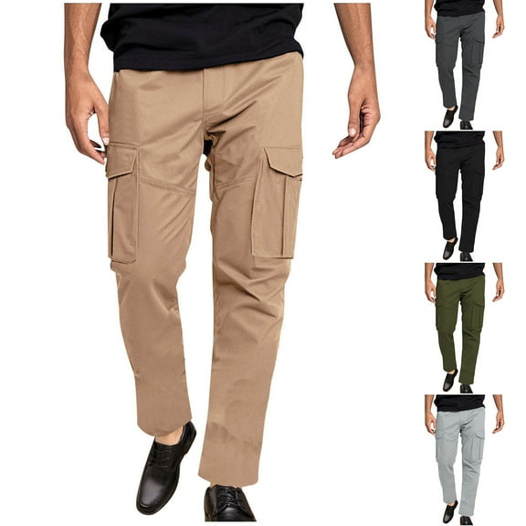 UVEASISHA Mens Casual Straight Leg Pants Regular Fit Elastic Waist Cargo Pants Solid Color Lightweight Work Pants with Multi-Pocket Spring Sale Army Green S