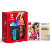 Nintendo 2021 New Nintendo Switch OLED Model Neon Red & Blue Joy Con 64GB Console HD Screen & LAN-Port Dock with Pokemon Shield And Mytrix Joystick Caps & Screen Protector