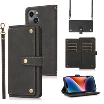 Feishell Crossbody Wallet Case for Apple iPhone 13 mini 5.4 inch,for Women Men,Retro PU Leather Magnetic Button Flip Stand Credit Card Holder Phone Case with Adjustable Shoulder Strap,Black