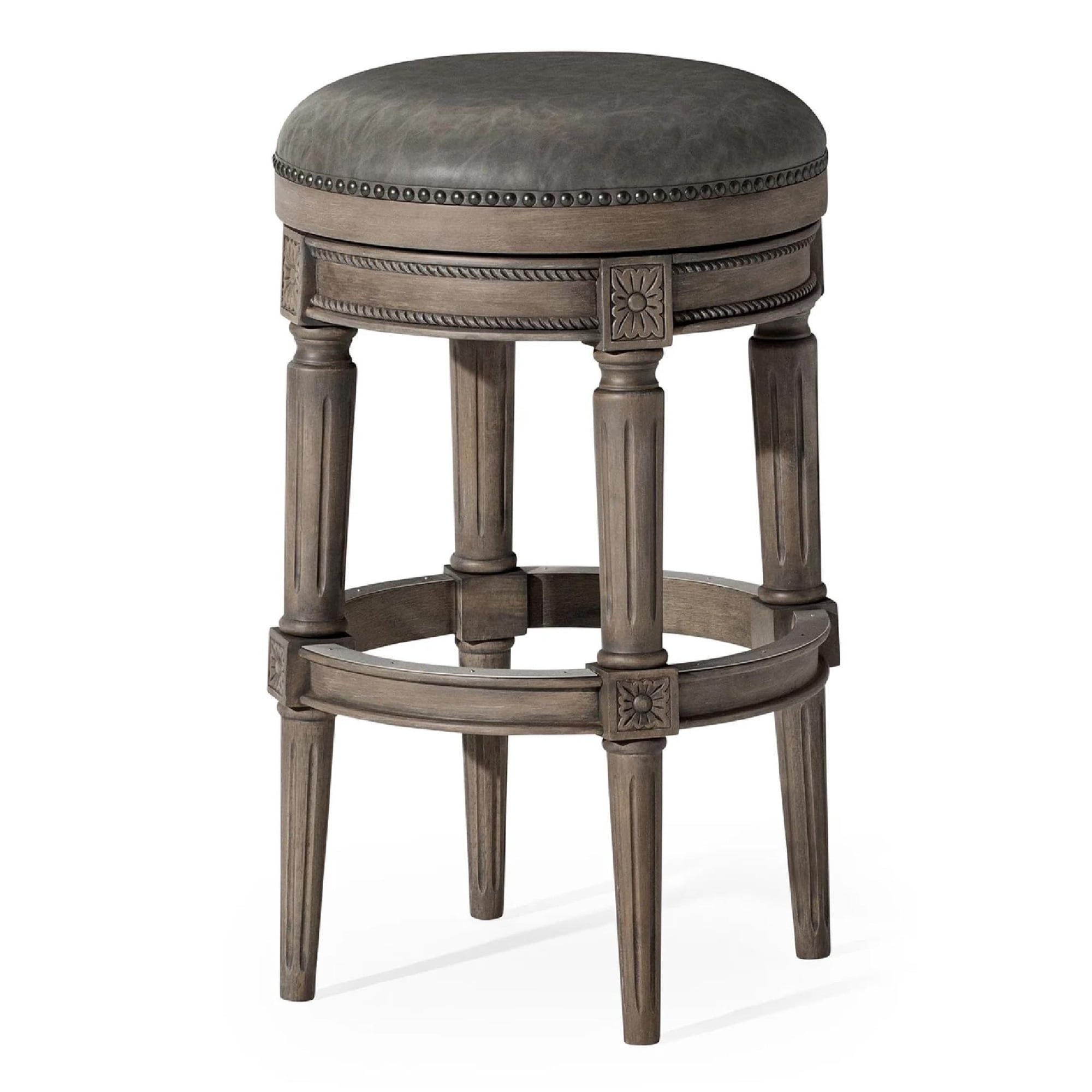 Maven Lane Pullman Backless Bar Stool 31 Inches – Swivel Stool with Footrest – Grey Solid Wood Frame & Grey Faux Leather Upholstery – Perfect for Bars, Pub Tables & Tall Kitchen Counters