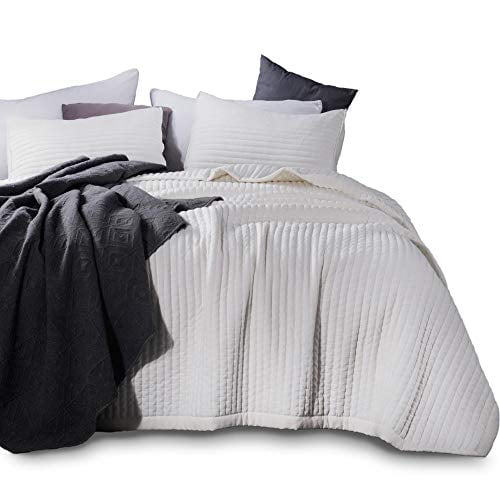 KASENTEX Quilt Mini Set-Stone Washed-Super Soft Bedspread-Light Weight-White Down Alternative Microfiber Fill-Machine Washable-Solid Colors, 2 King Shams, Ivory, King + 2 King