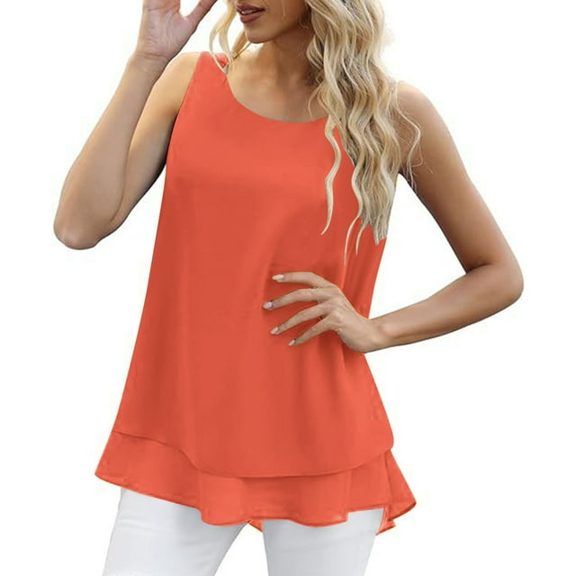 Yuyuzo Débardeurs pour Femmes Chemises Sans Manches Décontractées Col Rond Double Couche Haut à Volants Ample Blouses en Chiffon