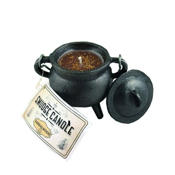 Sandalwood 4" Cast Iron Cauldron Smudge Candle with Lid and Carry Handle for Spells, Smudging, Ritual & Blessings