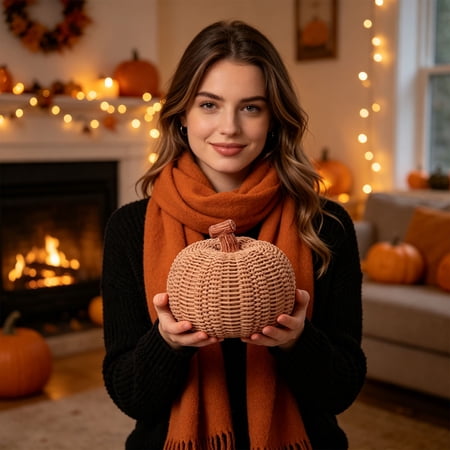 Fall Pumpkin Figurines Woven Texture Decor Autumn Harvest Ornaments Brings Rustic Warmth and Pairs Well with Candles for Kitchen Counters Bookshelf Edges and Dining Centerpieces.