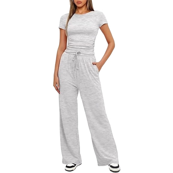 Women'S 2 Piece Set Outfits Lounge Sets Ruched Short Sleeve Tops High Waisted Wide Leg Pants Tracksuit Sets Light Gray S