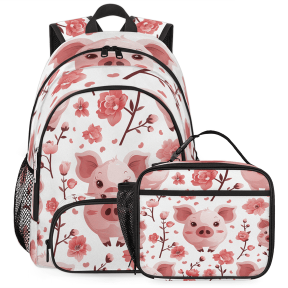 Herdesigns Pig Backpack with Lunch Box Cute Lightweight Large Travel Work Laptop Backpacks Set Casual Daypacks