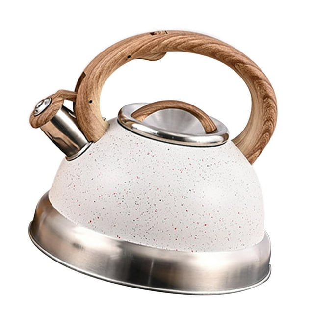 Hervidor de agua de acero inoxidable con silbato fuerte, apto para varias estufas con tapa plegable de madera. Blanco
