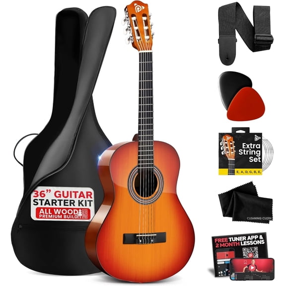 Pyle Beginner Acoustic Guitar Kit – 3/4 Junior Size 36” All-Wood Acoustic Guitar with Full Accessory Kit, Tuner App & Lessons, Cherry Burst Gloss