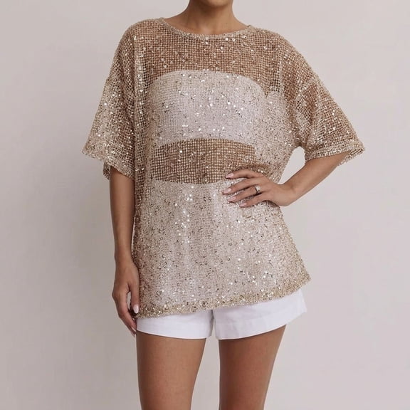 Women'S T Shirts Sheer Mesh Sequin Summer Top Loose Fit Casual Fashion Blouse With Hollow Out Design White L