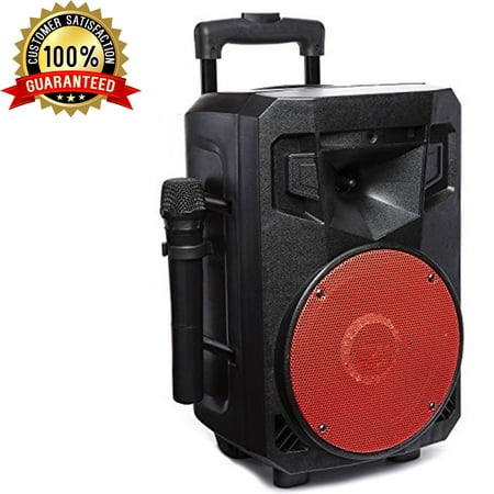 Portable Party Picnic USB Input Karaoke FM Radio Trolley Wheel Transportable Speaker - Black & Red Grill