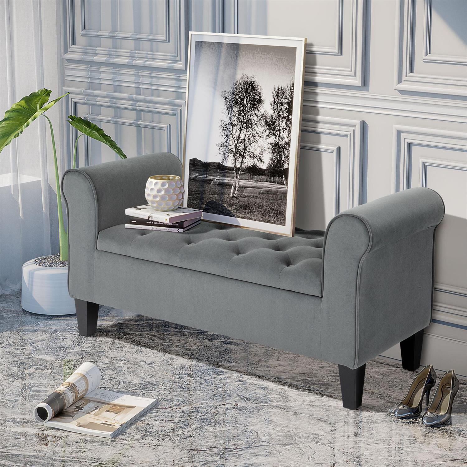 Demi Bonn 53" Tufted Storage Ottoman Bench with Upholstery and Rolled Armrests for Living Room and Hallway Spaces, Comfy Seating with Hidden Storage, Gray